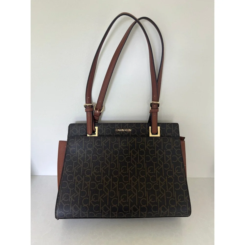 Calvin Klein CK Monogram Shoulder Bag Brown Tan Gold Hardware‎ Work Tote